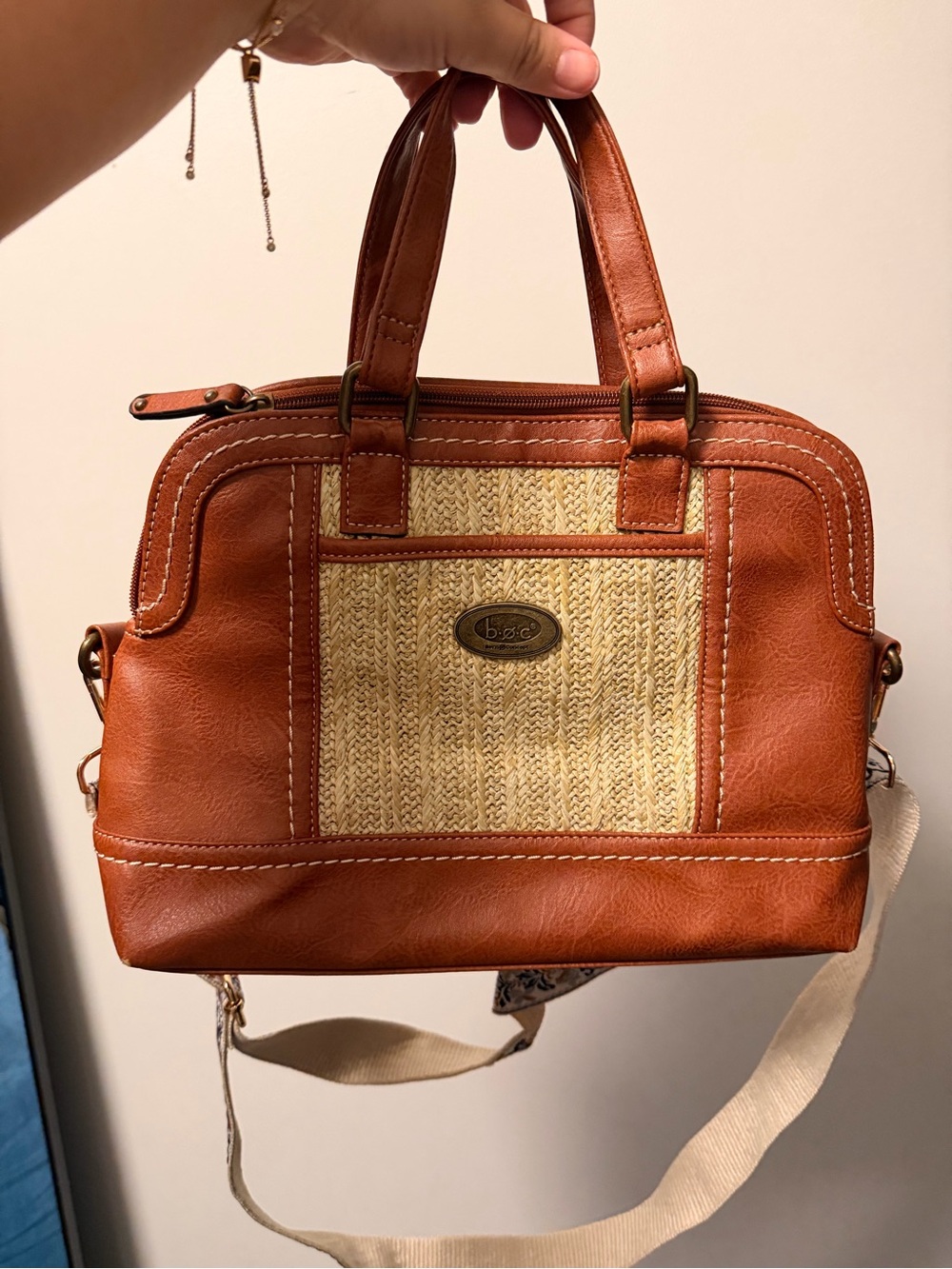 b.o.c. Tan Faux-Leather & Straw-Panel Satchel